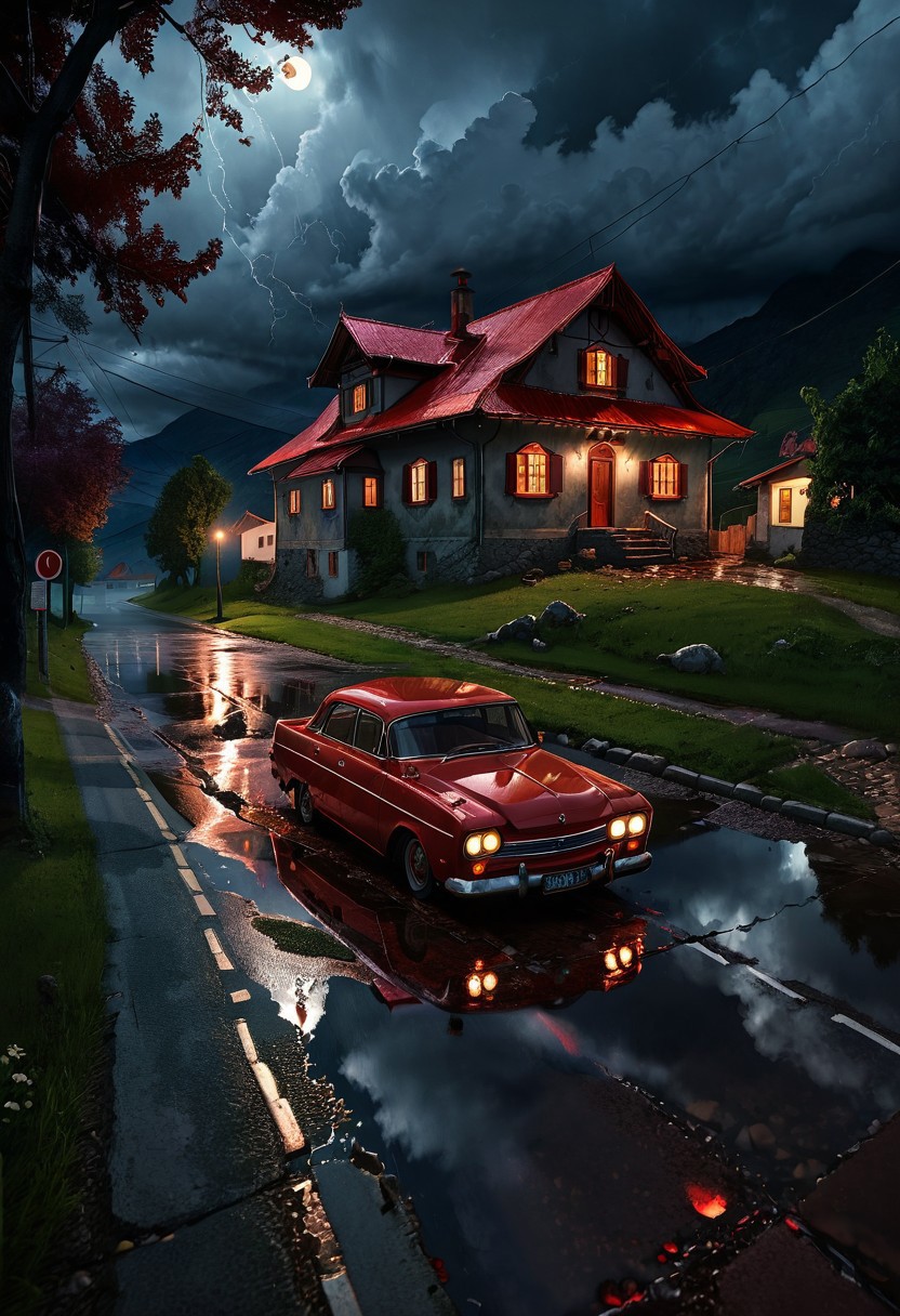 Stormy sky, dark clouds, rural landscape, isolated house with red roof, dim streetlight, gravel road, puddles reflecting light, old red car, mountains in the background, detailed, dramatic lighting, evening time, moody atmosphere, vector illustration style art, cold color palette, birds flying, power lines.