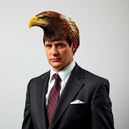 A disgusting man in a suit with fake tan who has a floppy eagle instead of hair