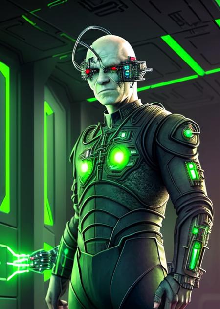 a borg man standing against a sc-fi wall, weapon in one hand, glowing wall with green circuitry, close-up, upper body