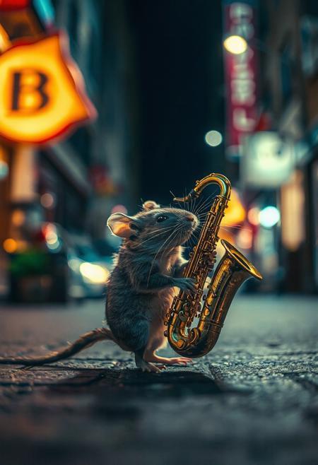 Macro photography of a mouse playing jazzy saxo in the street at night, intricate and retro iluminate, HDR, ultra realistic. hyperdetailed Cinematic film still, shot on v-raptor XL, film grain, vignette, color graded, post-processed, cinematic lighting, 35mm film, live-action, best quality, atmospheric, a masterpiece, epic, stunning, dramatic