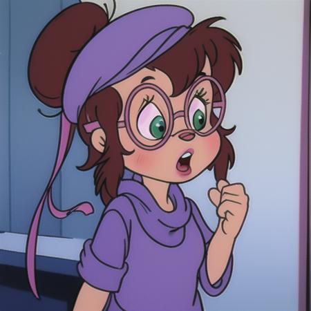 1980s (style), 1girl, beret, brown hair, chipette, furry, glasses, green eyes, hair bun, jeanette miller, open mouth, pink ribbon, pleated skirt, ponytail, round eyewear, single hair bun, skirt, socks, solo, upper body