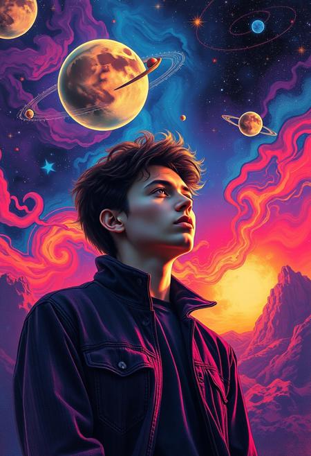 (((high quality seventies retro design aesthetics))), Seventies Psychedelic 70's space album cover, dynamic, colourful, slow track, melancholic, young white man, artist name "MUSAIC",  melancholic, album title "Metaphysical Mind"