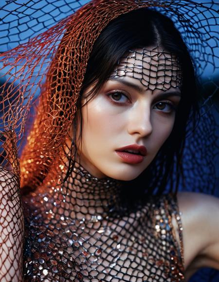 lewd, slutty, photograph, portrait, close up of a Hira, wearing Liquid Crystal Polymer and Metallic Mesh, at Twilight, cinematic lighting, Selective focus, by Karen Knorr, Hedi Slimane, amusing, contemporary fine detail, dynamic cinematic color, shiny, complex artistic color composition, rich vivid colors, magical composition, cool colors, perfect background