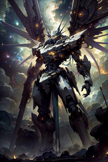 <lora:AstralMecha:1>, (masterpiece, best quality:1.3),extremely high detailed, intricate, 8k, HDR, wallpaper, cinematic lighting ,(universe), glowing, armor, glowing eyes, mecha, large wings, 