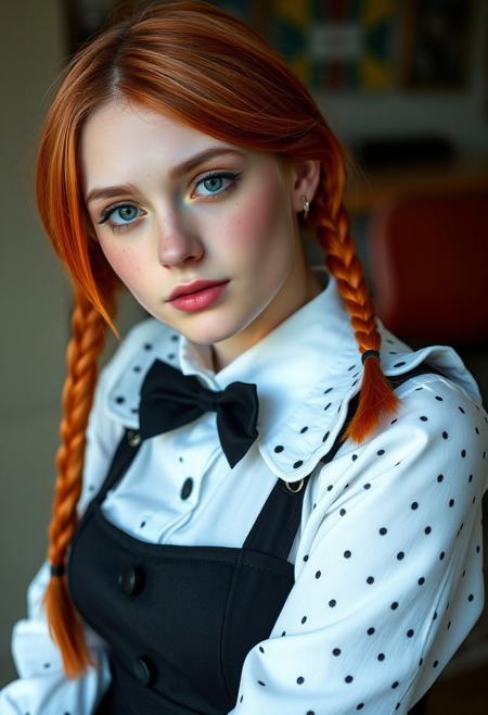 Natalie, a cute, sweet face, young, 19 year old, orange red hair, woman, thin as a rail, medium breasts, freckles on face, caucasian, pear shaped, cute, innocent looking, wearing a slutty Wednesday  Addams costume with a short skirt, full body image, modeling for catelogue
