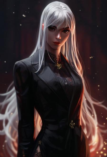 score_9, score_8_up, score_7_up, score_6_up,
1girl, depth of field, raw, focus on her face, intimate shot, looking at viewer, posing, nsfw, young woman, extremely beautiful, narrow waist, super pale skin, ruby red lips, elegant black suit with waistcoat, lace, (white hair:1.1), long hair,
<lora:Pony_DetailV2.0:1>
zPDXL3