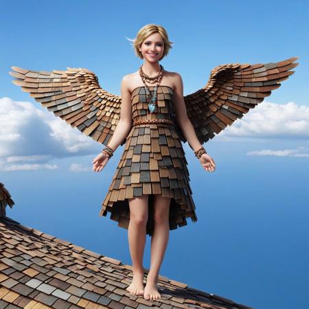 mad-shingles, a woman, blonde hair, brown wings, barefoot, solo, angel, jewelry, brown dress made out of Roof Shingles, anklet, angel, wings made out of Roof Shingles, short hair, full body, bare shoulders, looking at viewer, clouds background, feathered wings made out of Roof Shingles, toes, blue eyes, feet, bracelet, braid, smile, gem,sleeveless, armlet, crown made out of Roof Shingles, closed mouth, realistic, photorealistic, lips, pants, flying, bracer, floating, toe ring, necklace