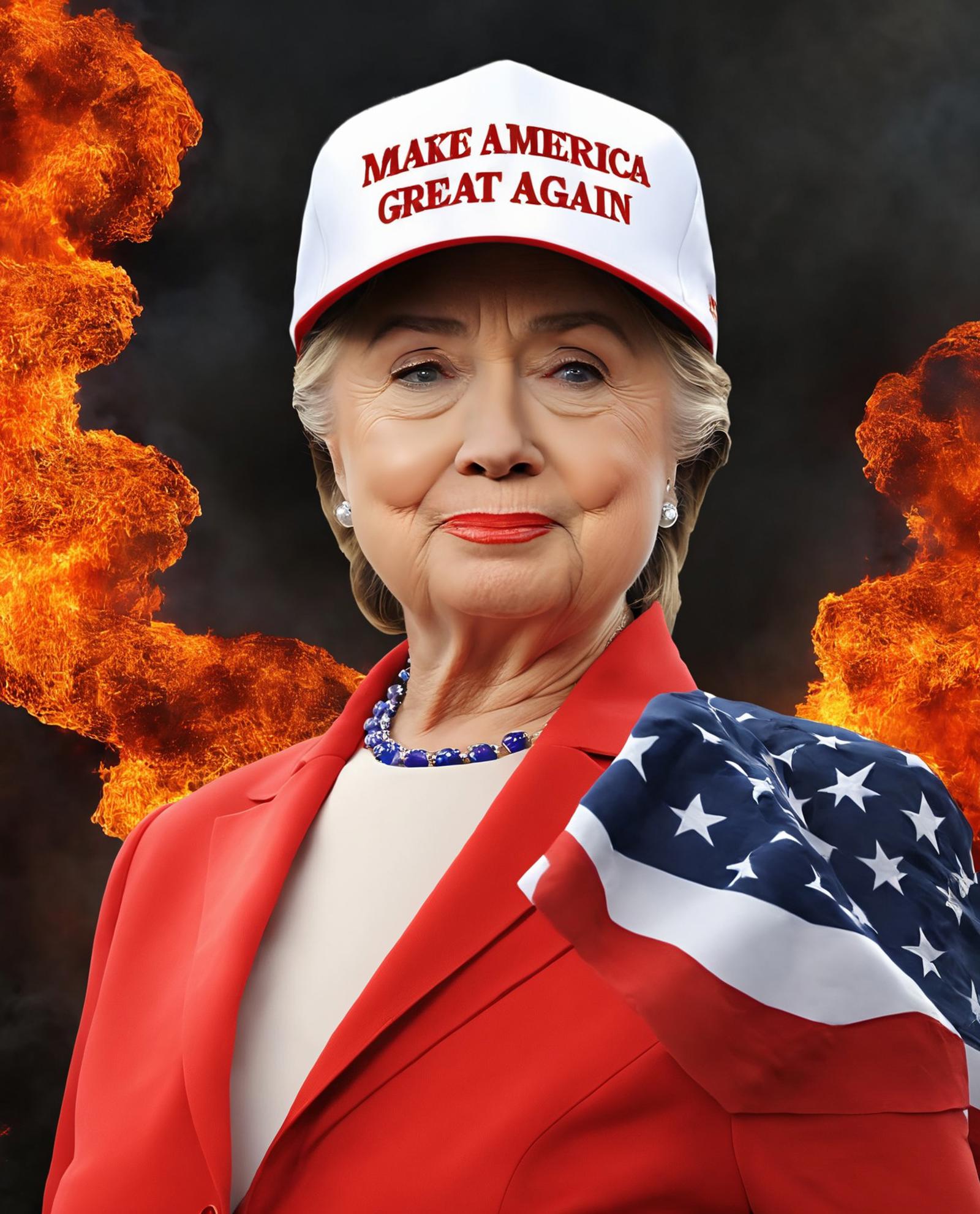 woman wearing red maga hat. upper body. fire at background. hillary clinton. horror theme. professional. photo. high quali...