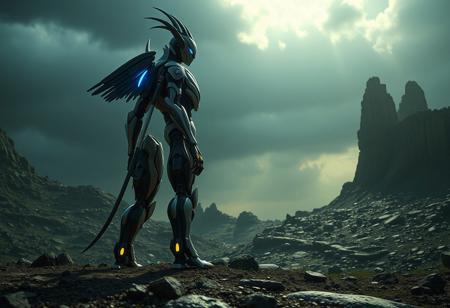 A powerful details Vulcan divine robot, rendered in sharp black/white with vibrant blue/yellow accents, stands in a dynamic pose atop the harsh, contrasting terrain of a Harpies' Hunting Ground, head turned, surveying the scene. Creative cinematic angle, captivating lighting, golden ratio composition, deep focus. Highly detailed 4K render, Octane, Unreal Engine 5, matte painting, CGSociety, trending on Artstation, contemporary aesthetics, handcrafted precision.