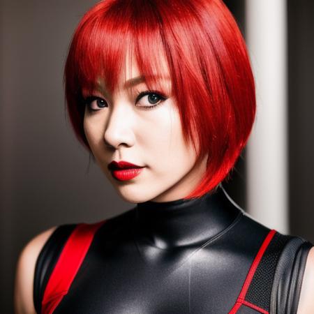 RAW, photograph, masterpiece, sexy, american, high-detail, detailed face, portrait, waist-length shot, reginaDC, regina, dino crisis, 1girl, female, athletic woman, shoulder-length vivid red hair, tactical black bodysuit, gray fabric layer under bodysuit, young, bare shoulders <lora:ReginaDinoCrisis:0.9>