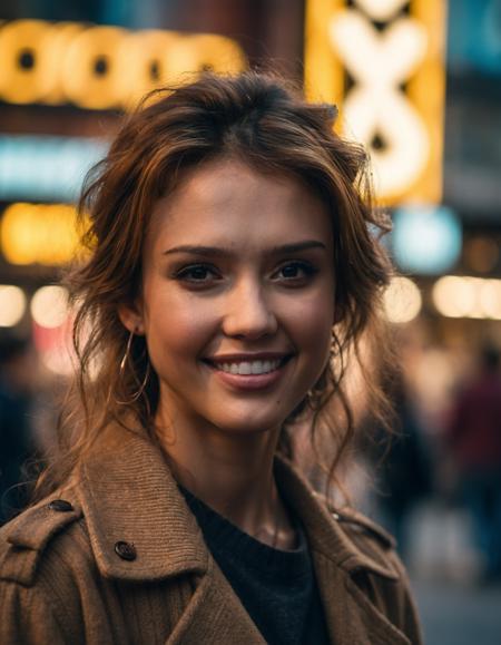 cinematic photo professional fashion close-up portrait photography of a beautiful (((ohwx woman))) at street during Early morning, Nikon Z9     <lora:jessica_alba_sdxl_dh128_v1:1.05> . 35mm photograph, film, bokeh, professional, 4k, highly detailed