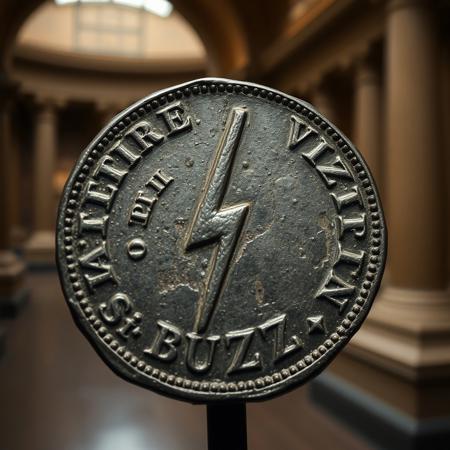 Closeup of a ancient Rome detoriated coin in museum with lightning bolt symbol and text in ancient font saying BUZZ, realistic, masterpiece, dramatic light, depth of field