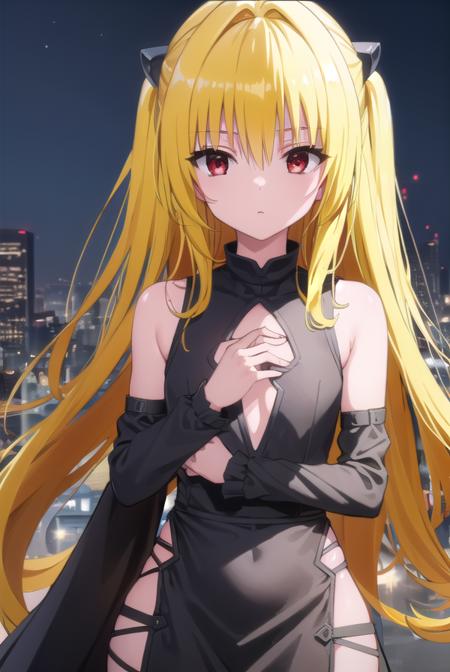 toloveruyami, <lyco:yami darkness-lyco-nochekaiser:1>, 
yami, (yellow hair:1.5), long hair, (red eyes:1.5), (hair ornament:1.2), two side up, (small chest:1.2), 
BREAK sleeveless, detached sleeves, dress, black dress, black skirt, clothing cutout, cleavage cutout,
BREAK outdoors, night, sky, star \(sky\), moon,
BREAK looking at viewer, (cowboy shot:1.5),
BREAK <lyco:GoodHands-beta2:1>, (masterpiece:1.2), best quality, high resolution, unity 8k wallpaper, (illustration:0.8), (beautiful detailed eyes:1.6), extremely detailed face, perfect lighting, extremely detailed CG, (perfect hands, perfect anatomy),