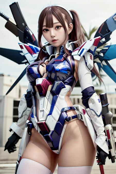 1girl,  realistic, solo, (masterpiece:1.2), best quality, <lora:mecha_musume_v10-10:0.8>, mecha_musume,  no_glasses, white, red, blue, no_wings, metal, mechanical, gun