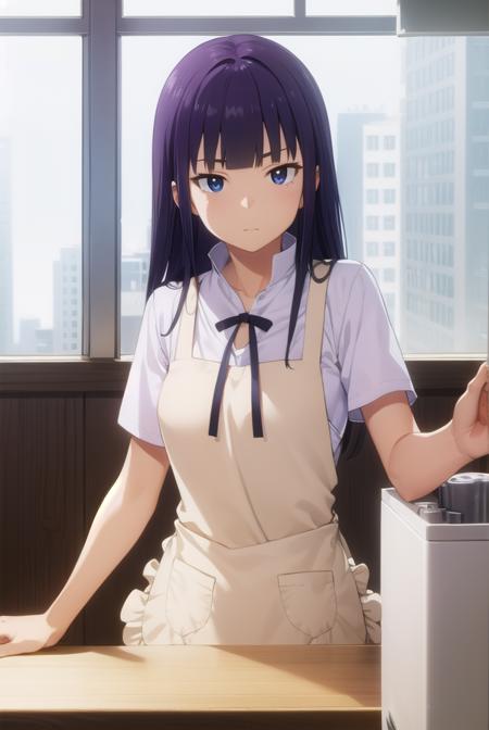 aoiyamada, <lora:aoi yamada s2-lora-nochekaiser:1>,
aoi yamada, long hair, (purple eyes:1.1), purple hair, blunt bangs,
BREAK apron, waitress,
BREAK indoors, restaurant,
BREAK looking at viewer, (cowboy shot:1.5),
BREAK <lyco:GoodHands-beta2:1>, (masterpiece:1.2), best quality, high resolution, unity 8k wallpaper, (illustration:0.8), (beautiful detailed eyes:1.6), extremely detailed face, perfect lighting, extremely detailed CG, (perfect hands, perfect anatomy),