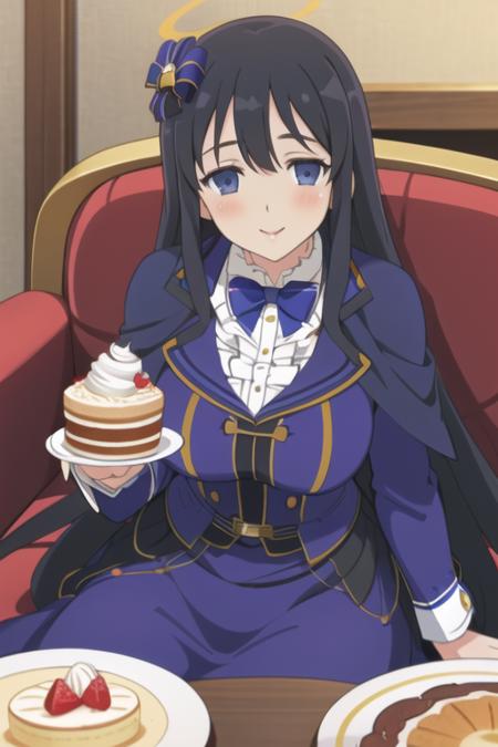 best quality, masterpiece, 1girl, ryouki \(senran kagura\), senran kagura, long hair, very long hair, black hair, blue eyes, breasts, large breasts, huge breasts, facing viewer, looking at viewer, pov, happy, smile, blush, halo, capelet, blue capelet, frills, frilled collar, bowtie, black bowtie, dress, blue dress, black dress, long dress, long sleeves, blue sleeves, gold trim, hair ornament, hair flower, indoors, cafe, sitting, on couch, dating, dated, cowboy shot, solo, solo focus, food, on plate, table, cake, cake slice, strawberry shortcake, holding, holding food, holding plate, simple background,