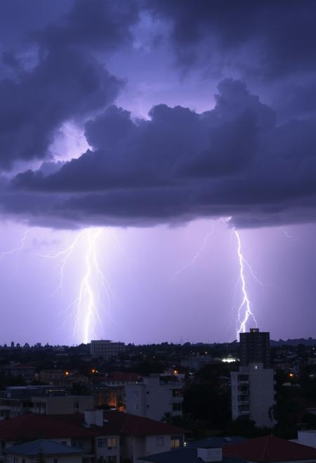 Thunderclouds with lightning cover the city