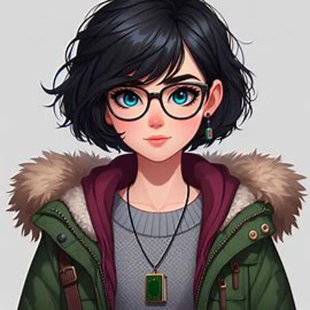 a beautiful girl of 20 years old with short black hair black-rimmed glasses jeans a sweatshirt and a green winter jacket