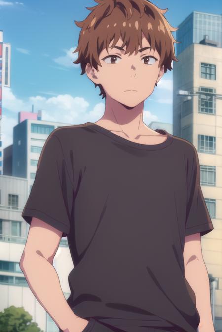 kazuya kinoshita, short hair, brown hair, (brown eyes:1.5), male focus, shirt, long sleeves, collarbone, short sleeves, t-shirt,