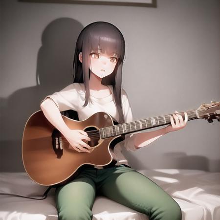 (masterpiece, best quality, ultra-detailed, best shadow), (detailed background, cowboy shot, playing acoustic guitar, bedroom, guitar, sitting on bed), (beautiful detailed face), high contrast, (best illumination), ((cinematic light)), colorful, hyper detail, dramatic light, intricate details, (1girl, young adult woman, casual outfit, pants), <lora:anime_guitarv1:0.8>