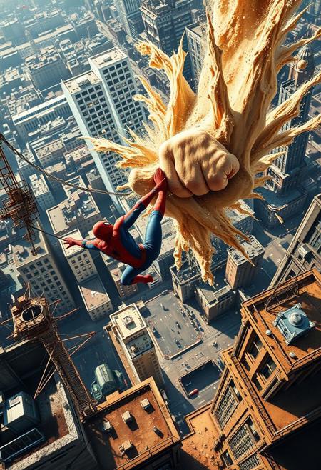 A dynamic image bursts forth, capturing the epic clash between Spiderman and Sandman high atop a skyscraper. In the foreground, Spiderman lunges towards Sandman, his body a blur of red and blue. His web-shooters fire streams of webbing, aiming to ensnare his formidable foe. Sandman roars, his massive, sand-formed fist smashing towards Spiderman. Grains of sand fly everywhere, catching the light and creating a swirling vortex around the combatants. The middle ground reveals the precarious setting: the rooftop of a skyscraper, its edges crumbling under the force of the battle. Antennas sway precariously, and debris plummets towards the city below. The background is a vibrant cityscape, a tapestry of towering buildings and bustling streets, dwarfed by the colossal figures battling above. The lighting is dramatic, with bold contrasts of light and shadow, emphasizing the dynamic action. The composition is a diagonal, high-angle shot, creating a sense of dizzying height and intense movement. The intended emotion is one of thrilling action, suspense, and the awe-inspiring scale of a superhero battle. Emulating the style of classic comic book art, particularly the work of Steve Ditko and Todd McFarlane, the image emphasizes exaggerated anatomy, dynamic poses, and bold colors. Sandman's form has a granular, shifting texture, contrasting with Spiderman's smooth, form-fitting suit.