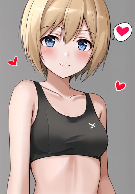 <lora:Erica_Hartmann-10:1> Erica, 1girl, solo, looking at viewer, blush, smile, short hair, blue eyes, blonde hair, simple background, closed mouth, underwear, upper body, heart, small breasts, grey background, spoken heart, sports bra, black sports bra