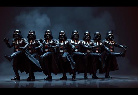 A line of 8 Darth Vaders arm in arm dancing like The Rockettes. High kicks.