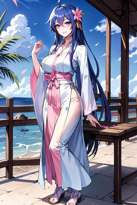 (masterpiece:1.2), mistress, best quality, ultra high res, shiny skin, fashi-g, mature female, ultra high res, perfect anatomy, best shadow, best quality,  ((1girl, solo)), cherry blossoms, hair ornament, branch, long hair, large breasts, smile, looking at viewer, very long hair, long sleeves, pink flower, blue eyes, blue-pink hair, bangs, hanfu, dress, hair between eyes, flower,  ocean, park bench,cloudy sky,  full body, <lyco:fashionGirl_v54:0.1> <lora:lIg
:0.4>, <lora:UhP:0.8>,  <lora:KccccStyle_v10:0.3>