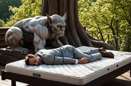 High_Res,raw photo,top quality,masterpiece,8k resolution,sharp focus,Award_Winning,(Intricate_Detail:1.1),High_Res,
sleeping,people in right side,sitting on (Spring mattress:1.1),head_down,looking at viewer,(gargoyles in background:1.3),sitting,A handsome short man with wrinkle,40 years old,wearing a gray suit,with stained glass,beige trousers and scratched dark brown boots,Tyndall effect and rays of God shining through the tree branches,close-up,treehouse BREAK
(male glamor:0.7),sparkling eyes,bright,slim thighs,safety pants,stylish large collar gray suit,
