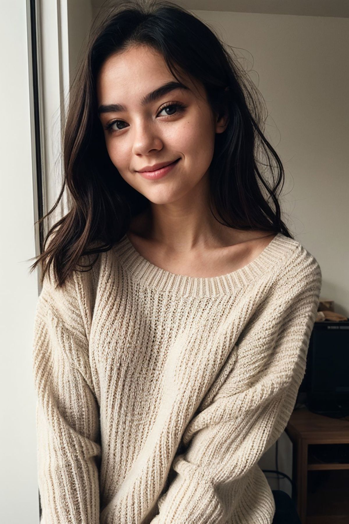 A smiling woman wearing a tan sweater.