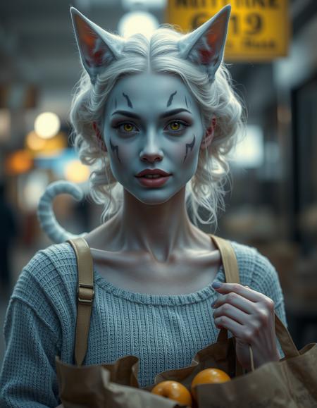 cinematic style, beauty, realism, photorealism, chiaroscuro, high quality, 1girl, pale dusky blue skin, facial markings like whiskers, white cat ears and a white cat tail, pronounced fangs, white hair in two large ringlets, a female miqote with a petite build, bright yellow eyes, cinematic photo a benevolent woman helping her elderly neighbor carry groceries, her natural expression kind and thoughtful as she offers her assistance. 35mm photograph, film, bokeh, professional, 4k, highly detailed