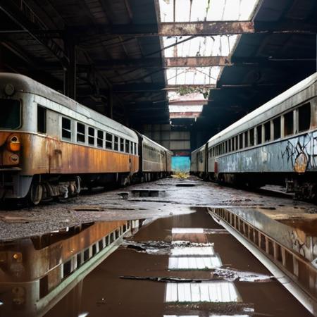 abandoned train depot with leaking roof, large puddles on the cracked concrete floor, rusted electric locomotives from the 1970s covered in dust and graffiti, wet metal surfaces reflecting dim natural light, broken overhead lighting, shattered windows letting in grey daylight, overgrown vegetation creeping inside, photorealistic, high detail, moody atmosphere, water dripping from ceiling, cinematic composition, ultra-realistic, 35mm lens, depth of field, wet surfaces, HDR, sharp textures, damp smell vibe