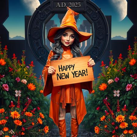 photo realistic mysterious friendly looking beautiful witch wearing orange-red leather dress clothes and overknee boots holding a wooden sign where is written on "Happy New Year!", standing in front of a omega formed dimensions wormhole stargate where above on a plate it is printed "A.D. 2025". in the background is an enchanted colorful forest with marvelous flowers plants, at the sky are moon stars planets