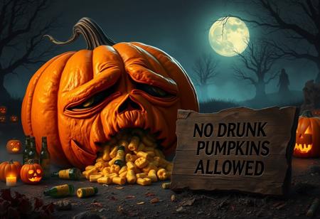 “Enormous orange pumpkin with a tired, worn-out expression, sitting on the ground as it vomits its own pumpkin guts. Empty beer bottles scattered around, as if it just had a long night of drinking. Surrounding the pumpkin are spooky Halloween elements: glowing jack-o’-lanterns, eerie fog creeping along the ground, flickering candles inside skull-shaped lanterns, and a few scattered candy wrappers. A full moon casts a dim light over the scene, with creepy shadows from nearby trees and faint ghostly figures in the distance. In front of the pumpkin, a decayed, broken wooden sign with deep engravings reads ‘NO DRUNK PUMPKINS ALLOWED,’ adding a darkly humorous touch to the eerie atmosphere.”