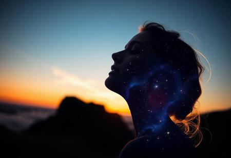 Softly fading sunlight casts a warm glow on the woman's serene face, her silhouette a celestial canvas of swirling galaxies and shimmering stars. Ethereal light dancing across her features, as a radiant aura envelops her, merging harmoniously with the sky's gentle hues. The cosmos within her outline twinkles like diamonds scattered across the heavens, taking refuge within her essence.
