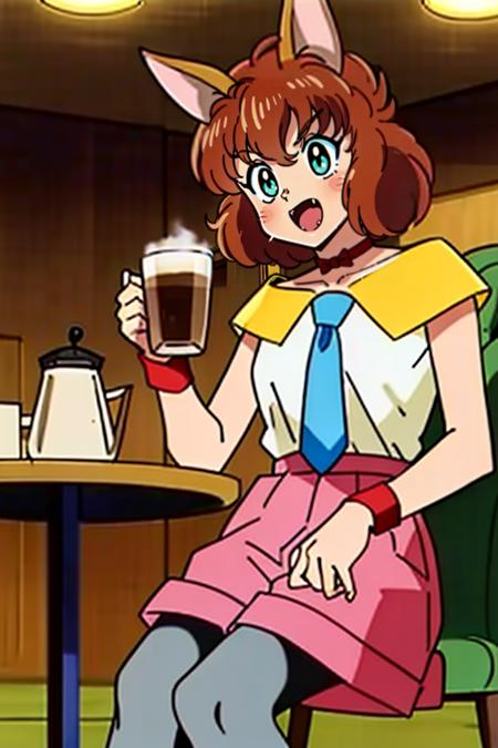 1girl, solo, KotoCzar, (fox ears, fox tail, auburn hair, fang, fangs, whisker markings), (pink shorts, choker, wristband, pink_shorts, black pantyhose, white shirt, yellow shirt collar, blue necktie), (sitting, coffee shop, holding mug, coffee mug, table, drinking coffee, crowd, restaurant, chair), (masterpiece:1.2), hires, ultra-high resolution, 8K, high quality, (sharp focus:1.2), clean, crisp, cinematic, <lora:Koto-v1:0.7>