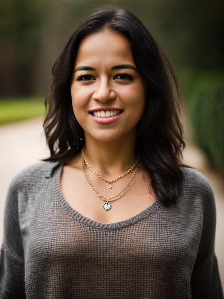 Realistic photo of a beautiful m1ch3ll3r-v2 woman, 1girl, solo, long hair, looking at viewer, smile, simple background, black hair, brown eyes, jewelry, upper body, teeth, necklace, grin, sweater, lips, realistic, grey sweater, soft lighting, professional Photography, Photorealistic, detailed, RAW, analog, sharp focus, 8k, HD, DSLR, high quality, Fujifilm XT3, film grain, award winning, masterpiece<lora:m1ch3ll3r-v2:1.0>