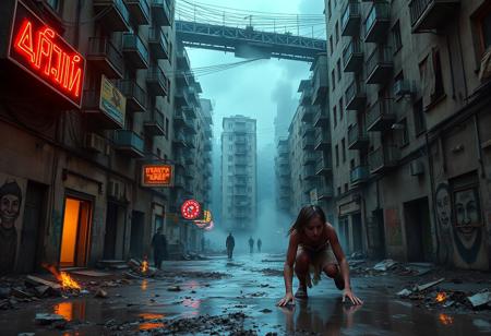 1girl, crawling, sheer_negligee, revealing_clothes, dirty_dress, dirty_skin, natural_skin_texture, pigment_variations, blemishes, scared_expression, panic, escape, desolate, unsetling_setting, on_all_fours, submerged_to_dirt. A hyper-detailed labyrinth of crumbling Soviet-era concrete tenements draped in frayed electrical cables and flickering neon signs in Cyrillic script. Puddles of oily rainwater reflect the orange glow of trash-can fires, smoke hangs low, and the hum of broken electricity buzzes in the air. Shadowy figures huddle in alleyways, faces obscured by cracked gas masks or grime-stained rags, their postures tense. Graffiti of grotesque, grinning faces peels off every wall, revealing layers of decaying propaganda posters. Above, a collapsed skybridge hangs mid-air, rusted rebar exposed like skeletal fingers. (Inspired by "post-apocalyptic urban decay with a gritty, textured aesthetic"). Quality: Finest details, crispy and grainy textures with micro-contrast, natural gradient noise, light glares from fires, caustics in water reflections, subsurface scattering on smoke. Color palette: True-to-life photorealism with a digital SLR’s dynamic range—rust orange, grimy mustard yellow, deep asphalt blacks, and desaturated crimson. Note the muted contrast where frontal sunlight bleaches textures. Mood: Chaotic, desperate, claustrophobic decay.