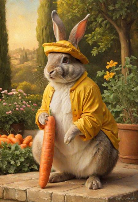 Imagine this: An athletic rabbit sits in the three-quarter pose of Mona Lisa. It wears a yellow sailor's cap atop its head, adding a whimsical detail to its muscular physique. In its hands, it holds a dumbbell made of a carrot, a playful nod to its natural diet. The backdrop is a garden and a forest, both entirely made of carrots, bathed in the soft glow of late afternoon sunlight. Conclude this image with a Renaissance touch, in the style of Da Vinci, blending high art with light-hearted humor.