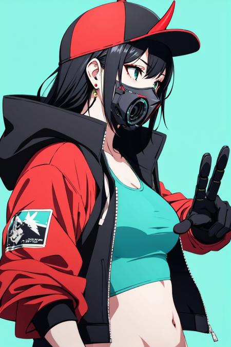 1girl, solo, horns, long hair, hat, navel, baseball cap, mask, cyberpunk, jacket, midriff, cyborg, green background, open clothes, black hair, mechanical arms, jewelry, open jacket, hood, crop top, earrings, from side, black headwear, upper body, hooded jacket, gloves, mouth mask, hood down, teeth, tank top, open mouth, aqua background, outstretched arm,science fiction,(cyberpunk:1.2), <lora:cyberpunk-v1.5-nai-9ep-resize:0.65>