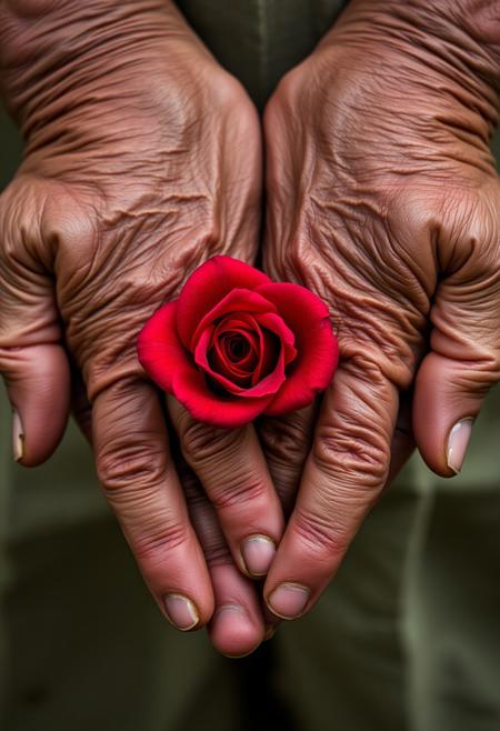 Aged Hands Holding a Delicate Rose, Wrinkled, weathered hands gently cradling a single vibrant red rose. The deep texture of the skin contrasts with the soft, velvety petals. Fine details in the creases, veins, and fingernails, lit with soft natural light. The rose stands out against a muted, blurred background, evoking themes of time and beauty.