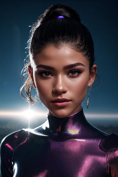 Zendaya_SoloTI_v1,
(In a sleek metallic bodysuit, with holographic accessories, for a futuristic and avant-garde look),
(A virtual realm at twilight, with surreal landscapes and shifting realities, glowing orbs floating in the ether, otherworldly atmosphere:1.3),
(seductive:1.3),(analog, cinematic, film grain, hazy atmosphere, cinematic shot:1.3), 
 <lora:add_detail:0.6>,<lora:LowRa:0>,PA7_Portrait-MCU