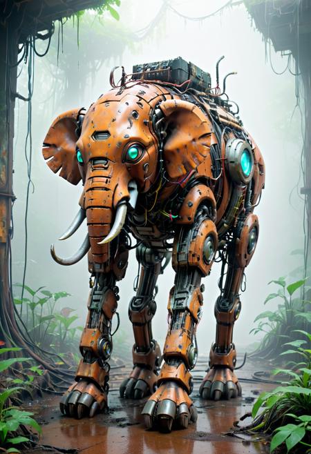 A rust-covered robotic elephant wandering through a foggy, decaying jungle filled with mutated plants and remnants of human civilization, evi@decrepPunk vibes, highly detailed, atmospheric depth <lora:evidecrepPunk:0.8>