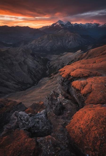 The scene captured by the Sony A7IV with a 20mm G Master lens set at a wide aperture of F1.5 unfolds with haunting beauty, enveloped in a moody and melancholic Capture the essence of a breathtaking landscape in the style of Michael Shainblum, using a Canon EOS R5 camera with a Canon RF 15-35mm f/2.8L IS USM lens. Position yourself at a high vantage point to take advantage of the early morning or late afternoon light,