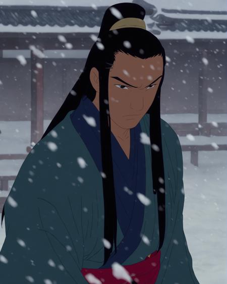 long hair, forehead protector, black hair, male focus, looking at viewer, closed mouth, japanese clothes, headband, snowing, upper body, snow, grey eyes, masterpiece