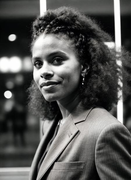 candid RAW close up portrait photo of sks woman in a (purple colored suit:1.0) on a dark street with shopping windows (at night:1.2), bokeh, Ilford Delta 3200 film, dof, high definition, detailed, intricate, flashlight, <lora:locon_zaziebeets_v1_from_v1_64_32:1>