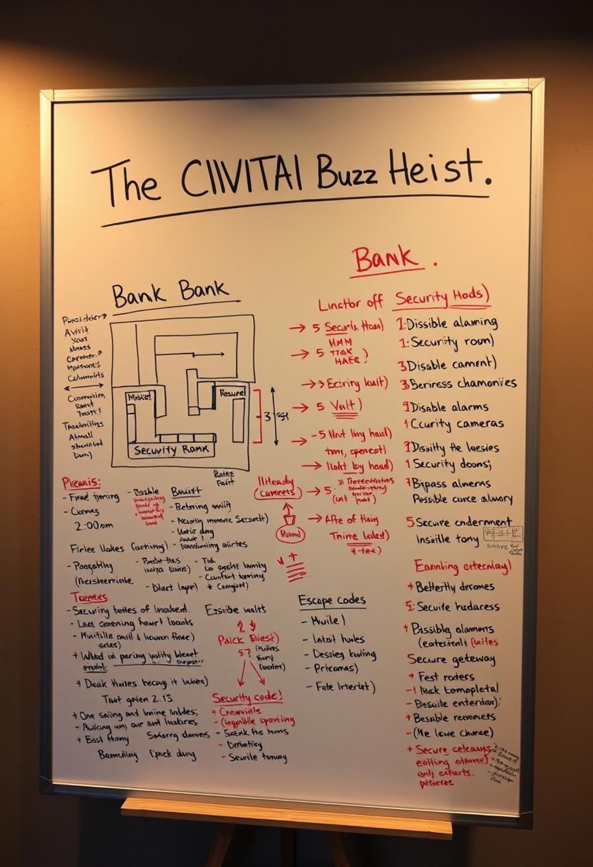 Picture a large, slightly worn whiteboard, standing against a dimly lit wall. The board is covered in a chaotic mix of handwritten notes, diagrams, and schedules. At the top, the words "The CIVITAI Buzz Bank Heist" are written in bold, black marker. Below it, there’s a rough sketch of the bank’s layout, including labeled areas like the vault, security room, and main entrance.
To the side, a list of times is written in red marker, detailing the bank’s opening and closing hours, as well as the security patrol schedule. Various arrows and circles are drawn around key points in the layout, emphasizing the critical areas to target. Near the bottom of the board, there’s a checklist of tasks, including "Disable alarms," "Bypass cameras," and "Secure getaway."
Scattered around the whiteboard are notes on security codes, possible entry points, and escape routes. Different colors of markers are used to highlight important information, making certain details stand out. The overall impression is one of meticulous planning, with every detail considered for the upcoming heist. The whiteboard is a focal point of the planning process, filled with the essential elements of the plan, and surrounded by an air of intense focus and anticipation.