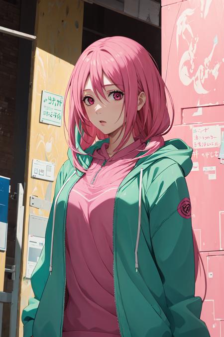 (((masterpiece))), MomoiSatsuki, 1girl, long hair, looking at viewer, shirt, pink hair, long sleeves, green jacket, upper body, pink hair, open clothes, hood, open jacket, black shirt, hoodie, hood down, hooded jacket, <lora:MomoiSatsukiV1:0.7>