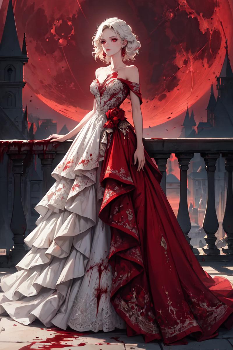 The image features a woman wearing a red dress standing on a balcony. She is positioned in front of a moon, which adds a dramatic element to the scene. The woman appears to be the focal point of the picture, and her dress is adorned with red flowers, making her look elegant and poised.