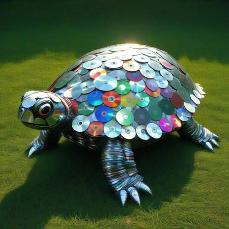 turtle made of cd's, Turtle Sculpture, CD Discs, Recycled Art, Colorful Reflective Surface, Creative Design, 3D Art Installation, Environmental Art, Upcycled Materials, Nature-Inspired, Artistic Composition, Playful Appearance, Shimmering Effect, Textured Shell, Eco-Friendly Artwork, Whimsical Style